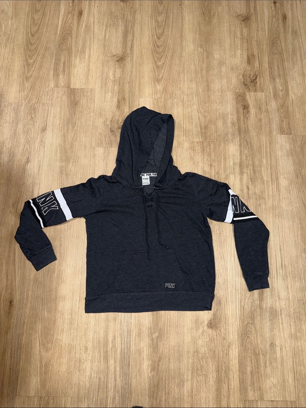PINK Victoria's Secret Black Hooded Pullover with White Sleeve Stripes